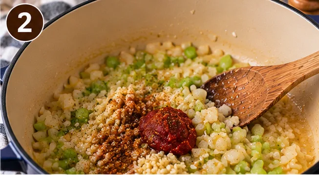 Onion, corn, and peas cooking in a pot with tomato paste and seasoning
