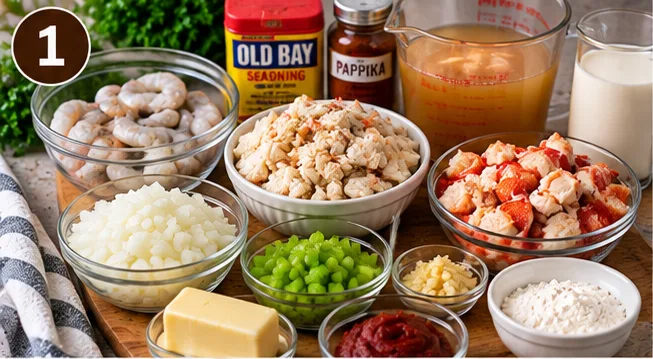 Shrimp, crab, lobster, onion, corn, peas, and Old Bay seasoning for seafood bisque