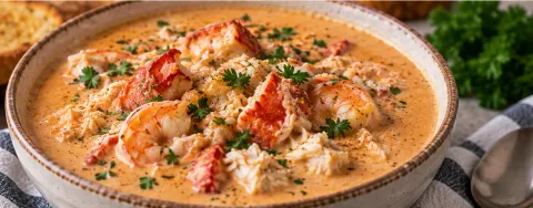 Bowl of seafood bisque with shrimp, crab, and lobster, served with toasted bread