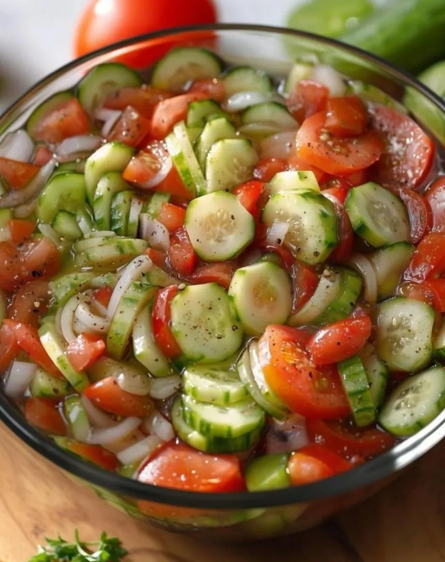 A fresh, colorful bowl of tomato and cucumber salad, the kind of simple real food CreaTistory recipes are built around