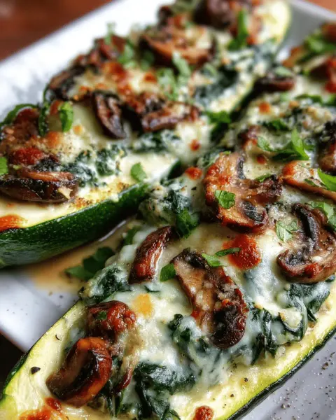 Spinach, Mushroom & Ricotta Stuffed Zucchini Boats