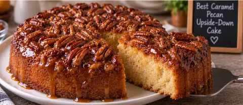 Sliced caramel pecan upside-down cake on a plate with caramel dripping down the sides