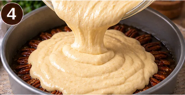 Cake batter being poured over the caramel pecan layer in the pan