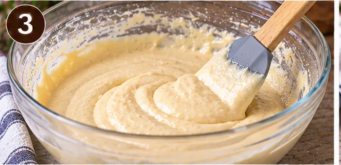 Cake batter mixed together in a glass bowl