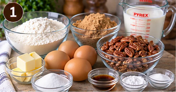 Flour, butter, brown sugar, pecans, eggs, and buttermilk for caramel pecan upside-down cake