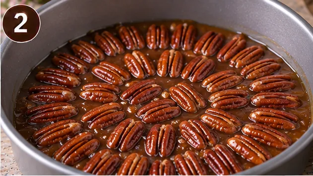 Pecans arranged over caramel in the bottom of a cake pan