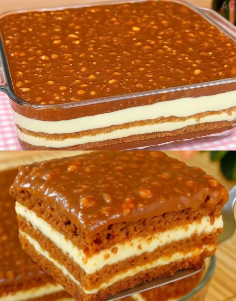 Caramel Biscuit Layered Dessert with Creamy Vanilla Filling