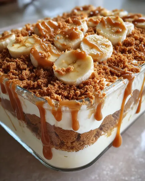 Creamy Biscoff Banana Pudding with Caramel Drizzle