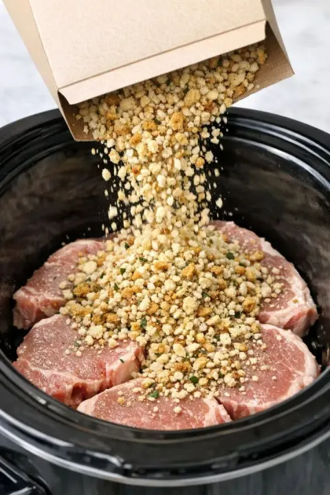 🥩 4-Ingredient Slow Cooker Pork Chops with Stuffing Crust