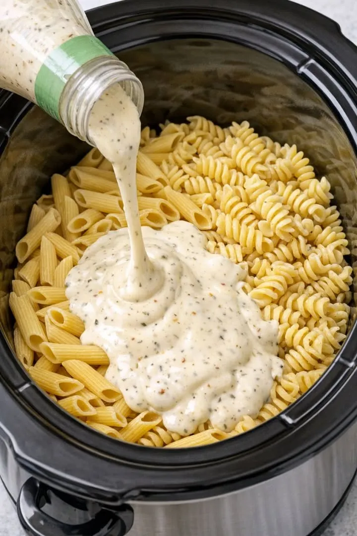 Dump Creamy Italian Dressing and 3 Ingredients Over Pasta in the Slow Cooker for an Easy Dinner That Tastes Like You Made a Sauce