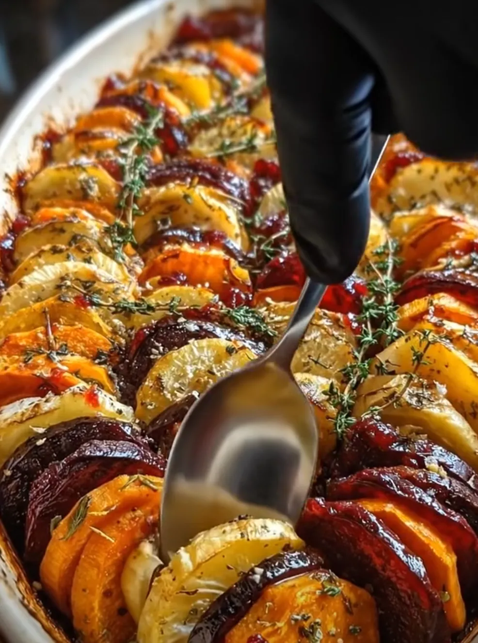 Layered Sweet Potato, Squash & Parsnip Bake with Cranberry-Honey Drizzle