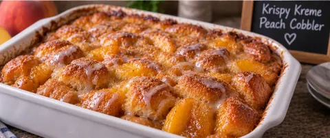 Baked Krispy Kreme peach cobbler in a dish, golden and bubbly