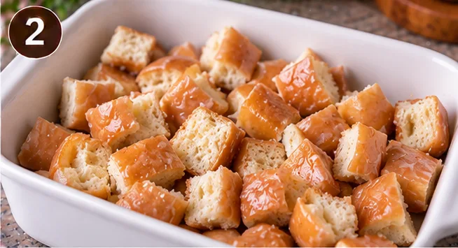 Quartered glazed doughnuts spread in the bottom of a baking dish