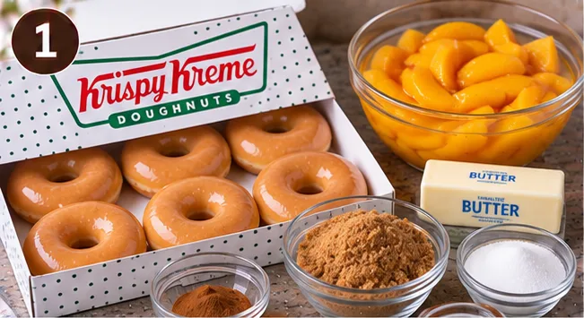 Krispy Kreme glazed doughnuts, sliced peaches, butter, and sugar for Krispy Kreme peach cobbler