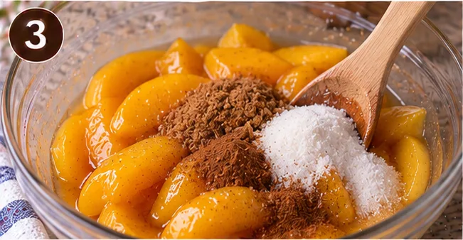 Sliced peaches tossed with sugar and cinnamon in a bowl
