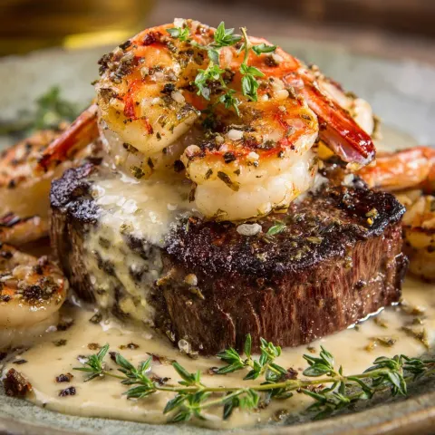 Surf and Turf with Creamy Garlic Sauce