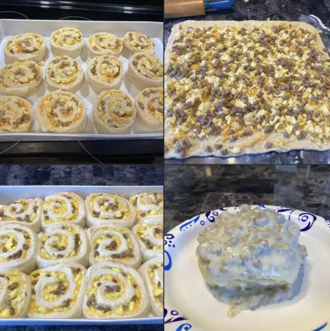 Breakfast Rolls with Sausage, Egg and Cheese and Sausage Gravy “Frosting”