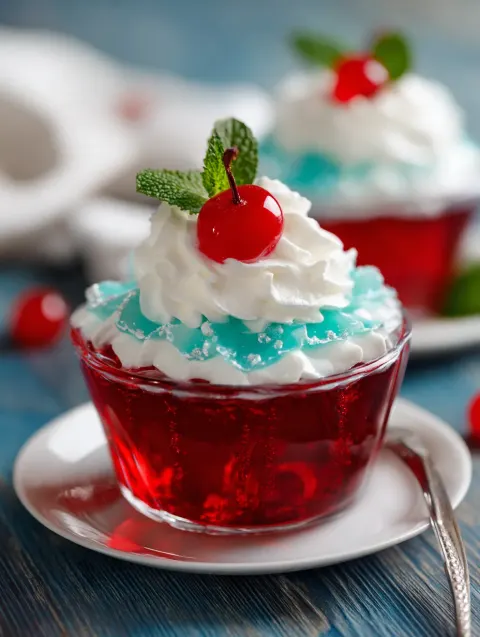 Cherry Jello Whipped Cream Parfait with Cherries and Mint
