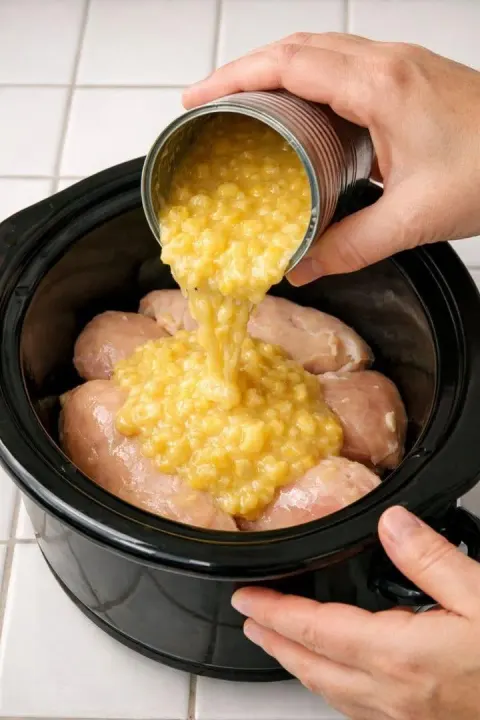 Dump cream style corn over chicken breasts, along with 2 ingredients, into slow cooker for a hearty meal that disappears faster than anything else