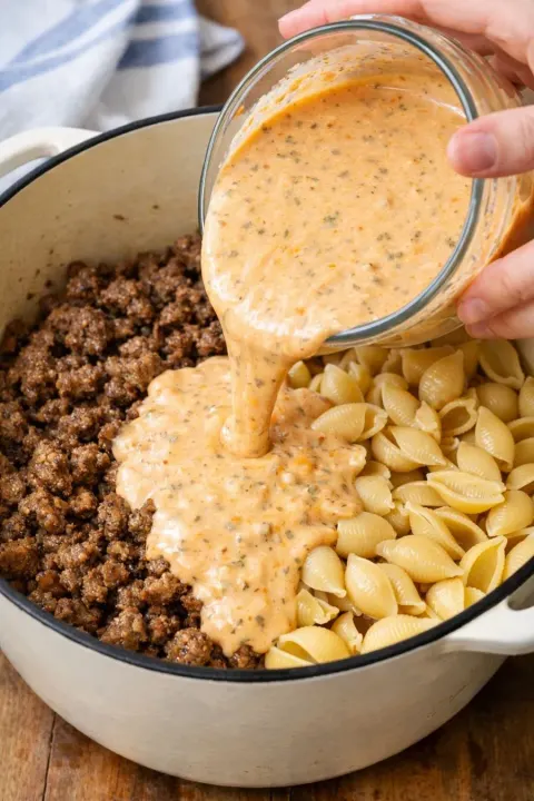 Creamy One Pot Beef and Shells