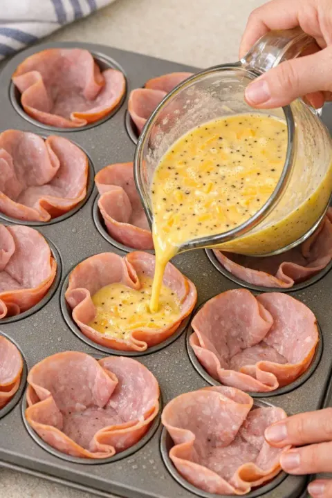 Pour This 1 Whisked Mixture into Slices of Deli Ham into a Muffin Tray for a Low Carb Breakfast That Keeps You Full Longer Than Expected