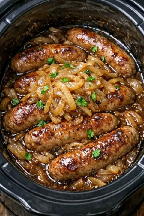 Slow Cooker 4-Ingredient Bangers and Onions