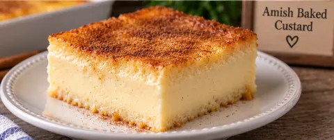Slice of Amish baked custard with a deeply caramelized top on a plate