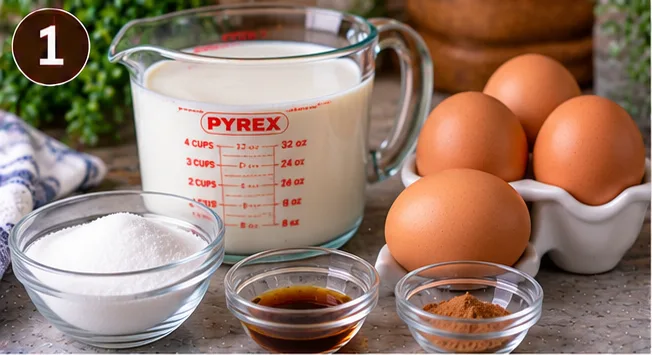 Eggs, milk, sugar, cinnamon, and vanilla for Amish baked custard