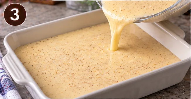 Custard mixture poured into a baking dish before baking