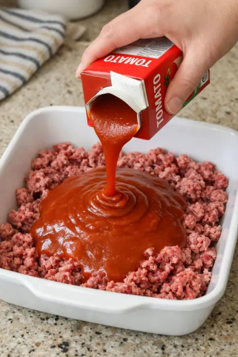 Dump-and-Bake Tomato Soup Ground Beef Casserole (With 2 Pantry Ingredients)