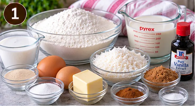 Flour, active dry yeast, milk, eggs, and grated coconut for Trinidad coconut sweet bread rolls