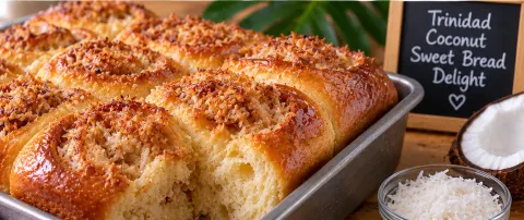 Baked coconut swirl rolls in a pan, golden and glossy on top