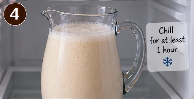 Pitcher of banana agua fresca chilling in the refrigerator