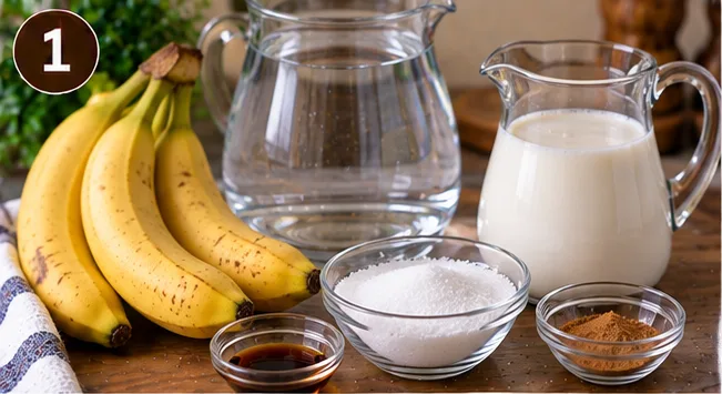 Bananas, milk, water, sugar, and cinnamon for banana agua fresca