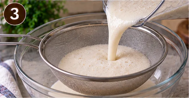 Blended banana mixture being strained through a sieve into a bowl