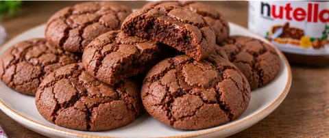 3-Ingredient Nutella cookies stacked on a plate with one broken in half showing a fudgy center
