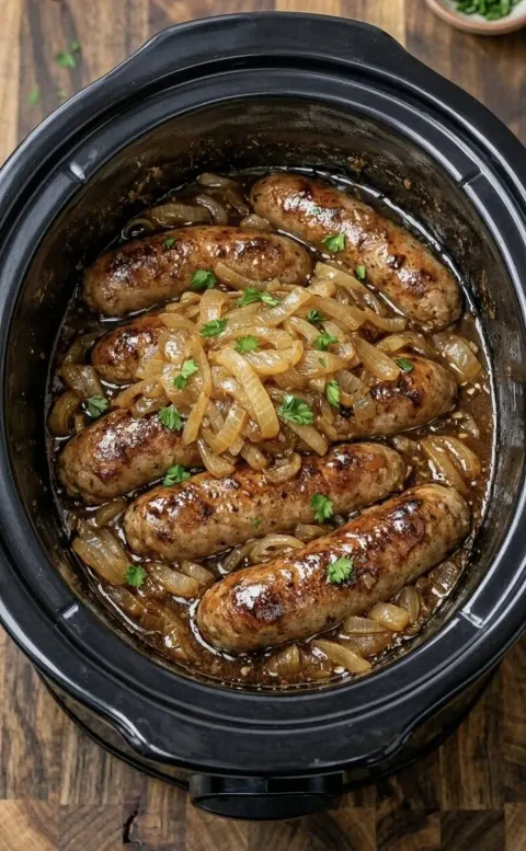 4-Ingredient Slow Cooker Sausage and Onions