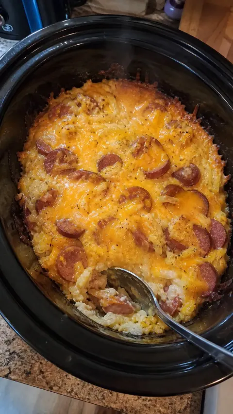 Slow Cooker Cheesy Kielbasa Hash Brown Casserole 🧀🥔🌭