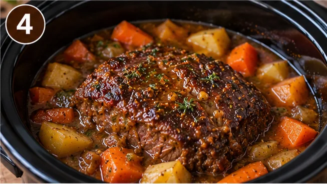 Cooked maple Dijon beef roast with potatoes and carrots in the slow cooker