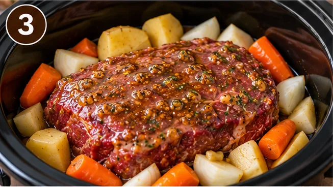 Beef roast coated in maple Dijon sauce surrounded by potatoes and carrots in the slow cooker