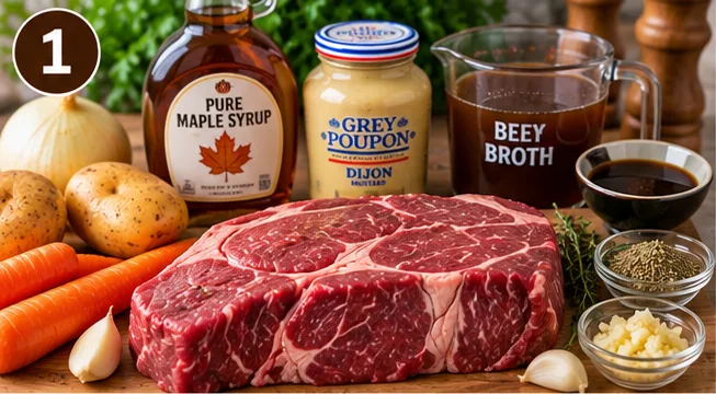 Chuck roast, maple syrup, Dijon mustard, beef broth, garlic, potatoes, and carrots for slow cooker maple Dijon beef roast