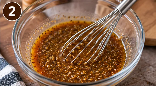 Maple Dijon sauce being whisked together in a bowl