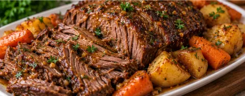 Sliced maple Dijon beef roast with potatoes and carrots on a platter