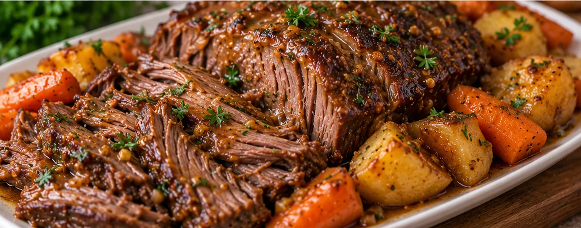 Sliced maple Dijon beef roast with potatoes and carrots on a platter