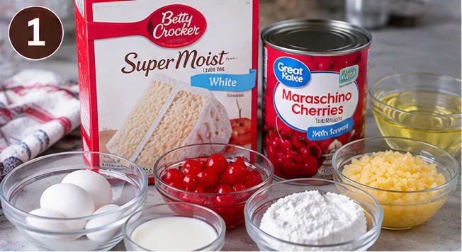 White cake mix, maraschino cherries, crushed pineapple, and eggs for maraschino cherry cake