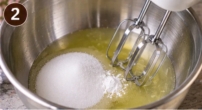 Egg white and sugar mixture being beaten over a double boiler