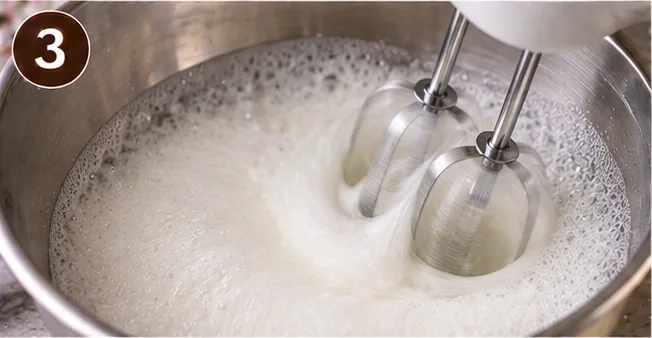 Frosting mixture whipped into soft peaks in a mixing bowl