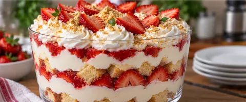 Layered strawberry cheesecake trifle in a glass bowl topped with whipped cream and strawberries