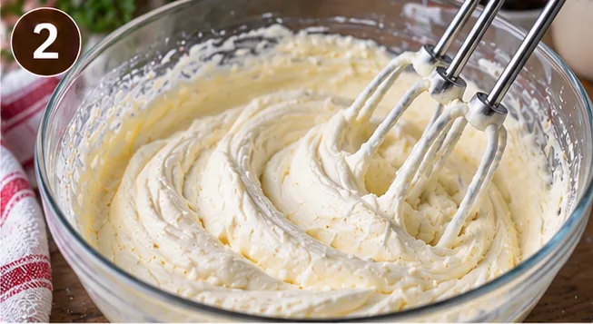 Cheesecake filling whipped smooth and fluffy in a mixing bowl