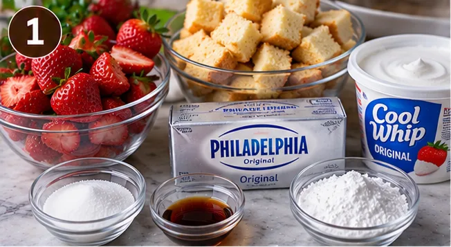 Pound cake cubes, cream cheese, whipped topping, and strawberries for strawberry cheesecake trifle